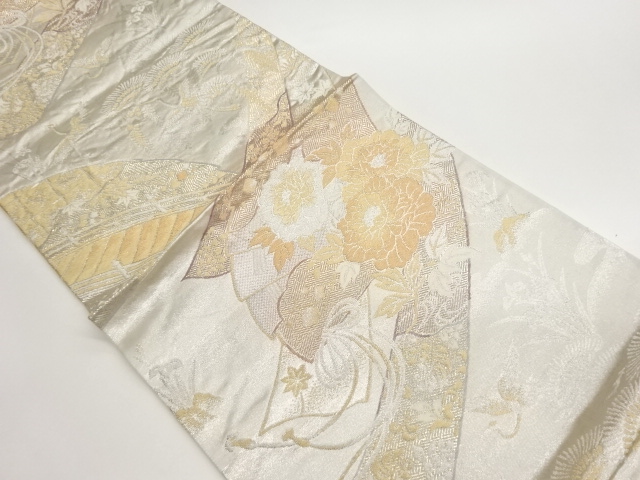 扇子に牡丹・鶴・草葉模様織出し袋帯